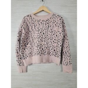 Dee Elly Crop Sweater Womens Small Pink Leopard Print Fuzzy Knit Long Sleeve